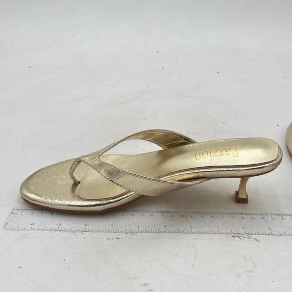 Pazzion Gold Open Toe Mid Heel Flip Flops Slip On Thong Sandals Comfortable Shoe
